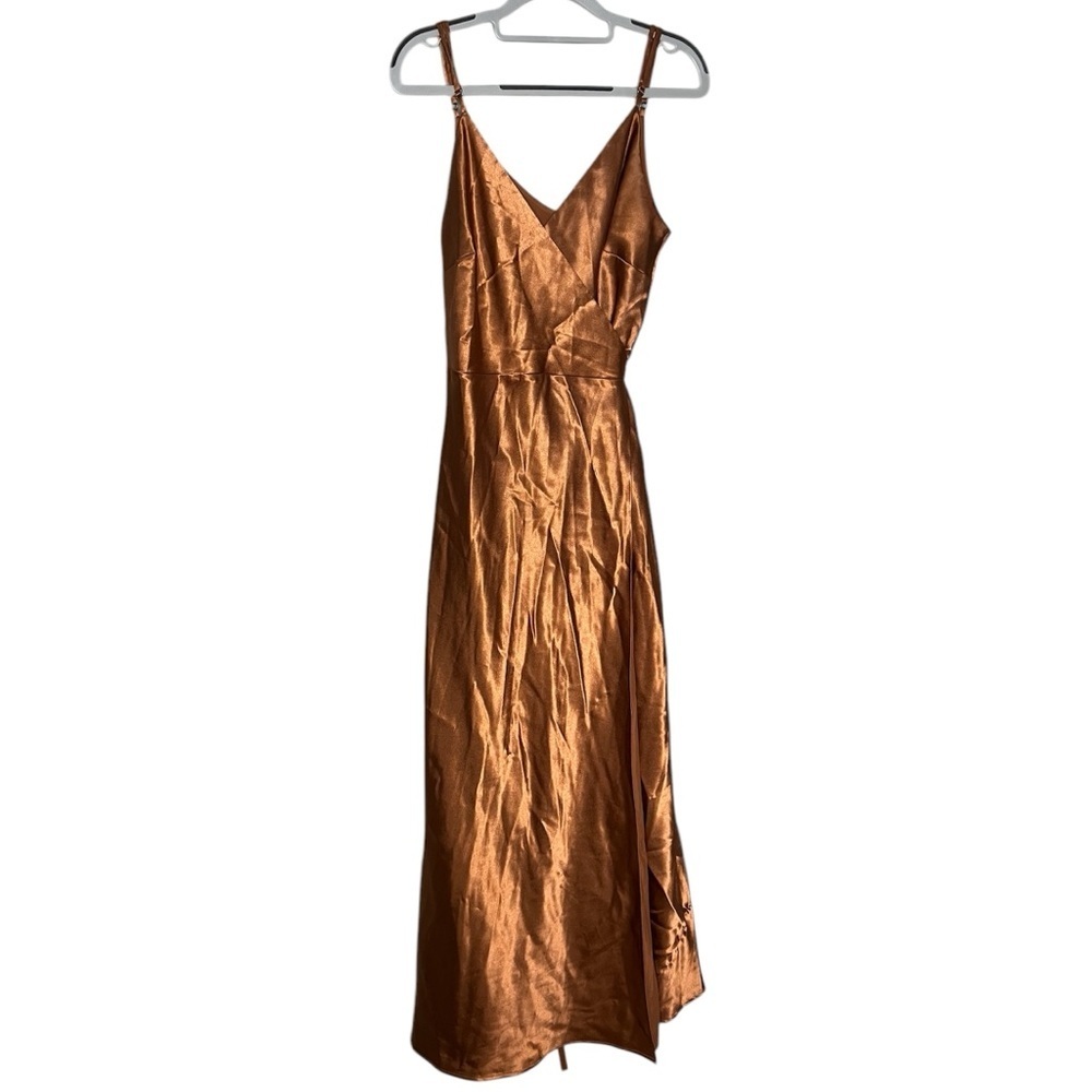 Birdy Grey Lets Get the Party Started Rust‎ shiny satin Copper wrap dress